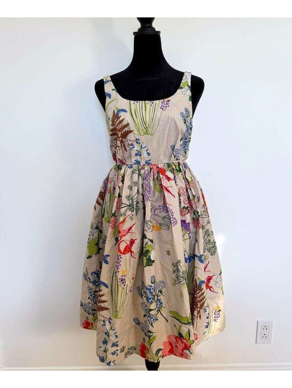 COS Botanical Floral Print Tie Waist Sleeveless Midi Dress 100% Cotton, EU 36